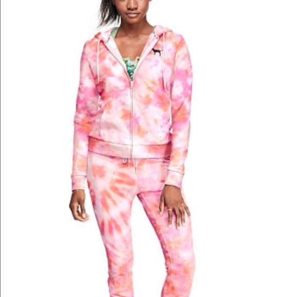 PINK VS Full Zip Up Hoodie Tie Dye Light Pink & White w/ Black Dog Logo - Picture 2 of 7